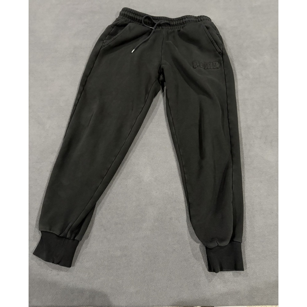 Puma Sweatpants Womens Medium Black Logo Fleece Lined Tapered Leg Drawstring